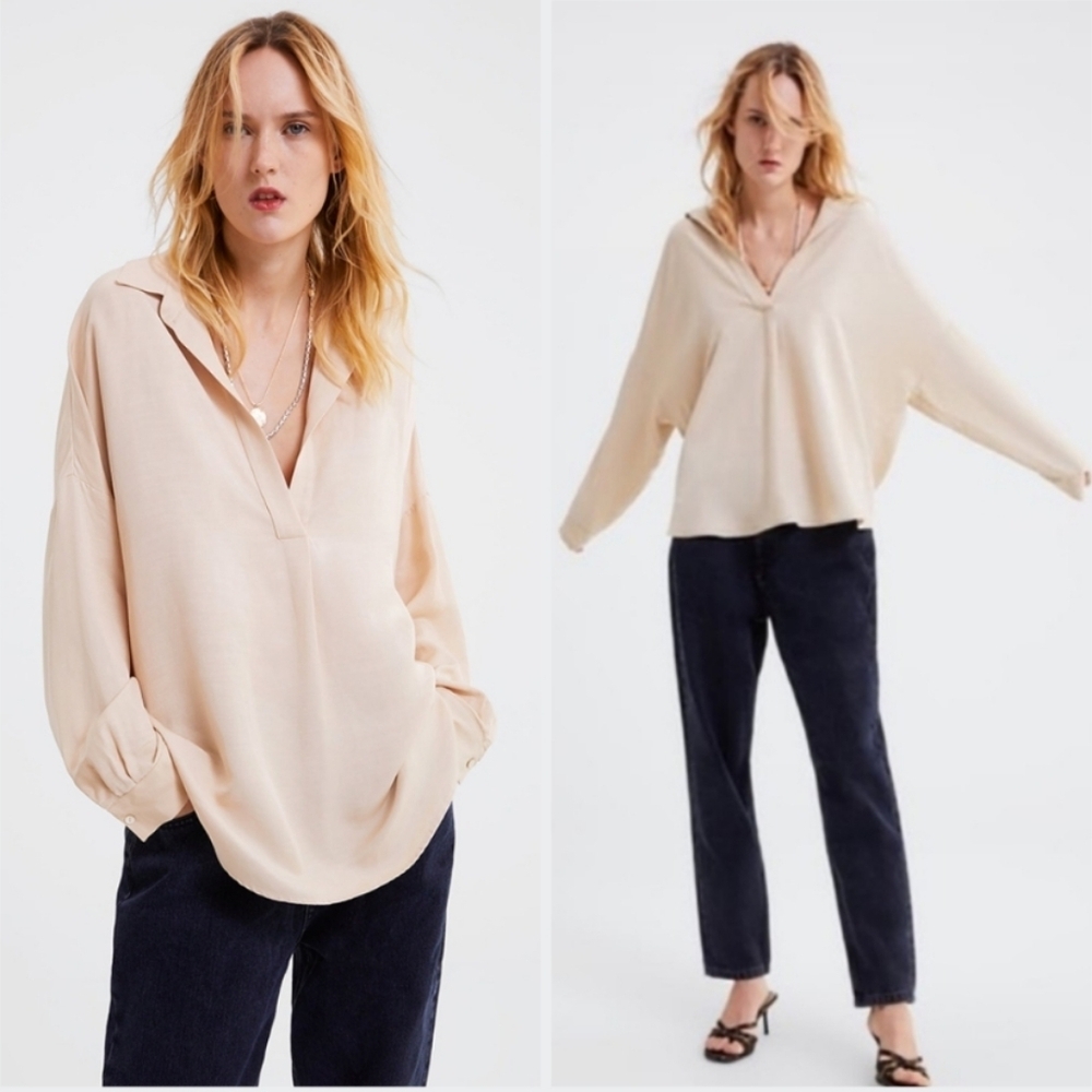 Zara Oversized Linen Blend Blouse Shirt, Cream